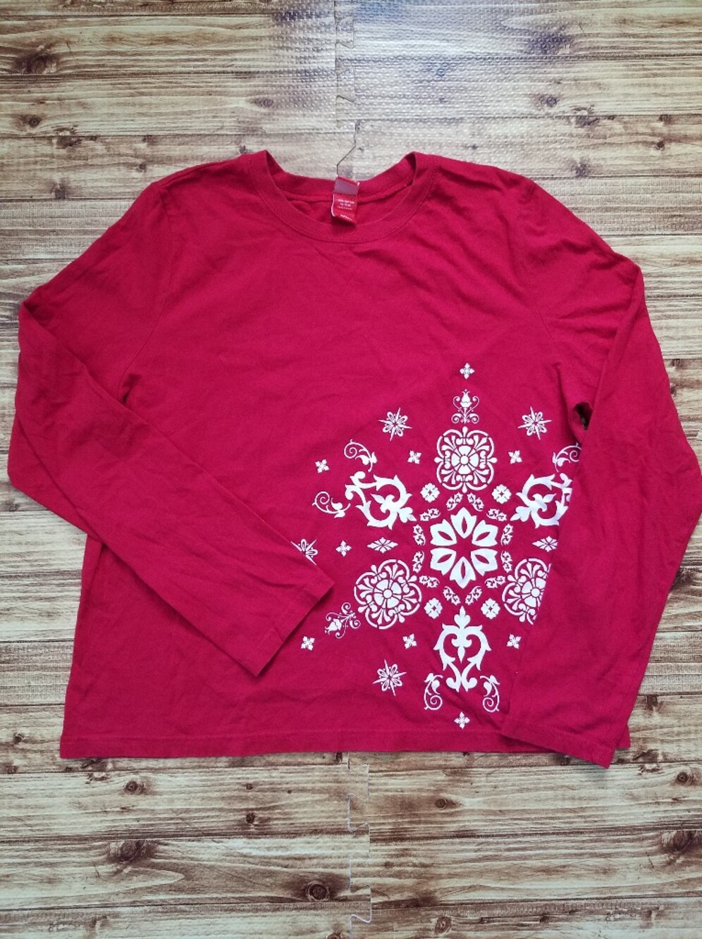 Red Snowflake Long Sleeve Graphic T-shirt Christmas Cotton Women's XXL 2XL